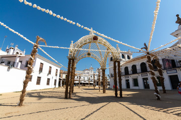 September 9, 2019, El Rocio, Andalusia, Spain. Small old town in Donana national park with sandy roads and squares and white church