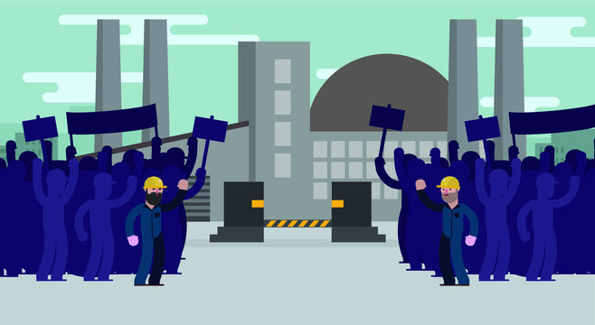 Empleados de una f&aacute;brica en huelga manifest&aacute;ndose por sus malas condiciones de trabajo. La fabrica est&aacute; cerrada o en quiebra.  