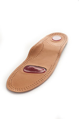 Isolated orthopedic insole on a white background. Treatment and prevention of flat feet and foot diseases. Foot care, comfort for the feet. Wear comfortable shoes. Medical insoles.