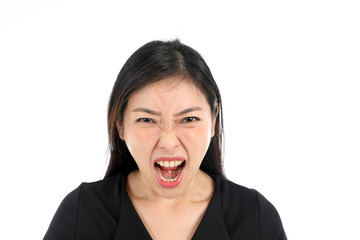 Facial Expression Young Asian woman office attire white background angry shout