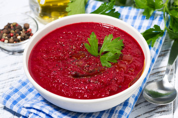 cold beet soup in a bowl, closeup