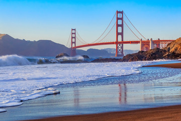 Golden Gate Bridge in San Francisco from Baker Beach at sunset
