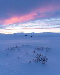 Beautiful sunset over the winter Iceland. Scandinavian landscape and gorgeous Icelandic scenery in the winter time. Tourism in Iceland leads you to visit this awesome place all years long