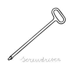 Hand-draw black vector illustration of metallic locksmith tool isolated on a white background with lettering screwdriver