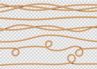Rope decor. Realistic jute cords marine navy cord, lasso line. Vector illustration marine sailor string seamless pattern drawn stripe - obrazy, fototapety, plakaty