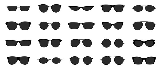 Sunglasses icon set. Black glasses optic frames silhouette. Sun lens ocular with plastic rims. Vector illustration stylish isolated objects on white