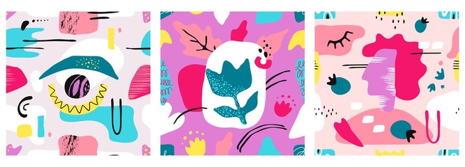 Contemporary shape patterns. Trendy seamless texture with abstract hand drawn grunge elements and organic freehand painted forms. Vector illustration modern pattern set for stamps or poster