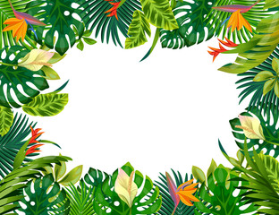 Fototapeta na wymiar Cartoon plant frame. Liana branches and tropical leaves, game border of plants isolated on white background. Vector illustration jungle game screen closeup with space forest leaf for text