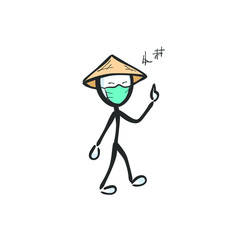 Obraz premium Chinese man with medical face mask against virus. Face protection. Doctor nurse blue facemask. Coronavirus sick. Hand drawn. Stickman cartoon. Doodle sketch, Vector graphic illustration