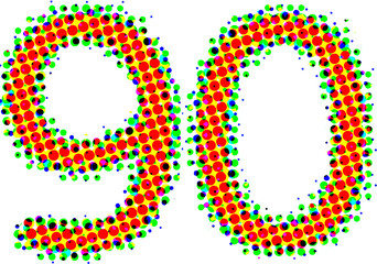 Vector colorful numbers 90, 90th isolated on white background. Color halftone, Pop Art creative design