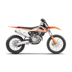 Fototapeta na wymiar Motocross Motorcycle Isolated on White Background. Side View of Modern Orange Appeal and White Supercross Off-Road Dirt Bike. AWD All Wheel Drive Racing Sportbike. Personal Transport. 3D Rendering