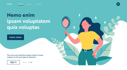 Self centered woman suffering from narcissism. Smiling girl looking at herself in mirror. Vector illustration for ego, psychology, reflection concept