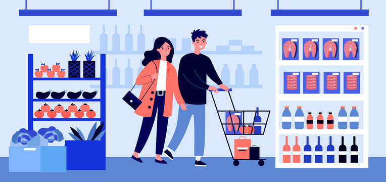 People Buying Food At Supermarket Flat Vector Illustration. Cartoon Customers With Cart Walking Down Aisle, Choosing Products And Grocery Goods In Store. Retail And Consumerism Concept.