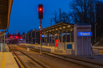 Color blue sky evening after nice sunset in Trebic station in winter