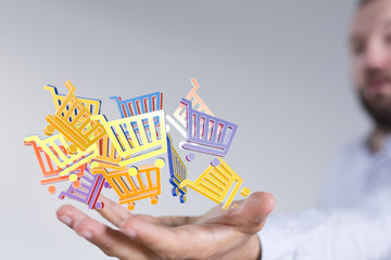 Businessman pressing modern technology panel shopping cart web phone credit card.