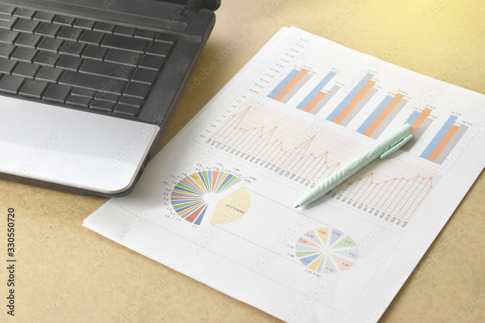 Wall mural financial graphs and charts with eyeglasses, calculator on desk.