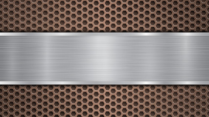 Background of bronze perforated metallic surface with holes and horizontal silver polished plate with a metal texture, glares and shiny edges