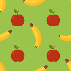 Seamless pattern with fruit in flat style. Bright bananas and apples create a summer mood. Can be used for printing, textiles, backgrounds, and other purposes.