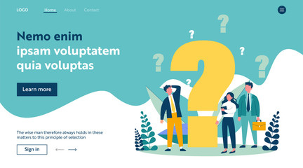 Confused businesspeople asking questions. Puzzled cartoon characters searching answers and problem solution near big question mark. Vector illustration thinking, help, assistance, trouble for concept