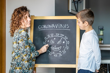 Mother explaining to her son what Coronavirus is