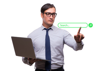 Search concept with businessman pressing button