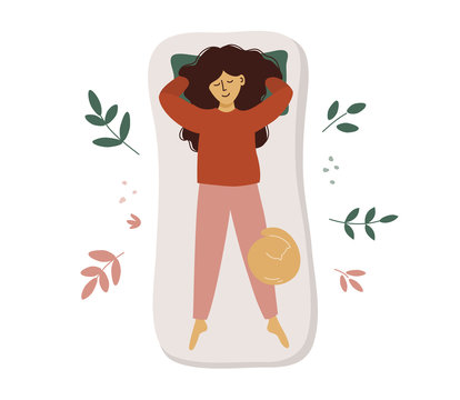 Young woman sleeps on back with hands behind head. Lady sleeping in different poses. Vector illustration of cute girl and cat in bed. Healthcare poster. Good or sweet dream concept. Advert of mattress