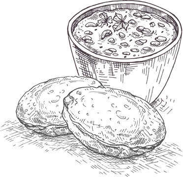 Ilustration Chole Bhature: Indian dish spicy Chick Peas curry also known as Chole or Chana Masala is traditional North Indian main course recipe and usually served with fried puri / Bhature.Sketch.