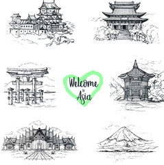 Hand drawn architecture sketch set of landmarks of Asia.Taj Mahal.India.Seoul,South Korea.Gyeongbokgung Palace.Hyangwonjeong.Himeji Castle.Japan.Marble Temple of Bangkok, Thailand.The Great Wall.