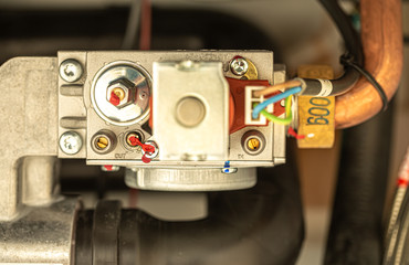 Inside the gas boiler. Close-up details.