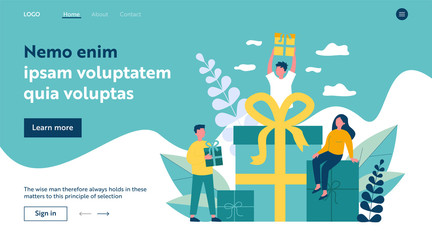 Loyal customers getting gifts and bonuses from store. Happy young people receiving gift boxes. Vector illustration for reward, loyalty program, promotion, marketing concept