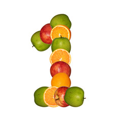 Digit one of multi-colored fruits, collage isolated on white background.