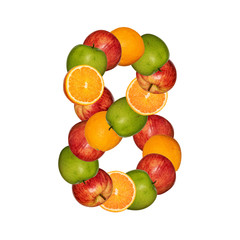 Number eight made from colorful fruits, collage isolated on white background.