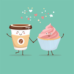 Cute vector illustration of coffee to go cup and a strawberry cupcake. Kawaii food characters. Couple of smiling hot beverage and a sweet snack. Cute card and poster design for a cafe or a bakery.