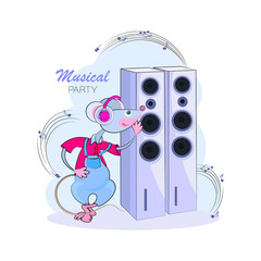 Music party. Little Mouse DJ Speaker System. Children's entertainment show. Emblem design for baby t-shirt. Chinese symbol of 2020.Vector illustration isolated on a white background.