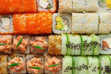 Japanese food: Set of salmon sushi and rolls with salmon and eel