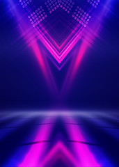 Background empty show scene. Ultraviolet dark abstract background. Geometric neon shapes, neon glow, blue and pink lighting