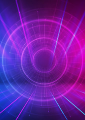 Dark abstract futuristic background. The geometric shape of the cyber circle in the middle of the scene. Neon blue-pink rays of light on a dark background