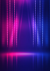 Background empty show scene. Ultraviolet dark abstract background. Geometric neon shapes, neon glow, blue and pink lighting