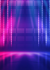 Background empty show scene. Ultraviolet dark abstract background. Geometric neon shapes, neon glow, blue and pink lighting