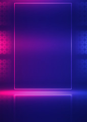 Background empty show scene. Ultraviolet dark abstract background. Geometric neon shapes, neon glow, blue and pink lighting