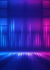 Background empty show scene. Ultraviolet dark abstract background. Geometric neon shapes, neon glow, blue and pink lighting