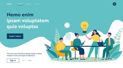 Business team working together, brainstorming, discussing ideas for project. People meeting at desk in office. Vector illustration for co-working, teamwork, workspace concept