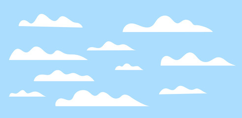Cloud set. Cartoon white clouds on blue sky. Stylized Design elements collection