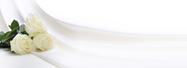 Obraz na płótnie Canvas Three white roses on white silk. Horizontal background.