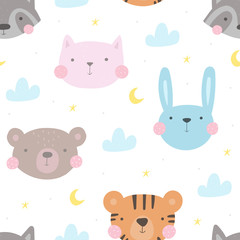 Seamless pattern with cute little bunny, raccoon, tiger, cat, bear. vector illustration. Vector print with rabbit, raccoon, tiger, cat, bear