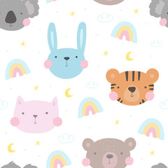 Seamless pattern with cute little bunny, koala, tiger, cat. vector illustration. Vector print with rabbit, koala, tiger, cat,