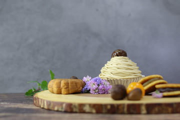 Mont Blanc Chestnut Cupcake Topping on Wooden Board.