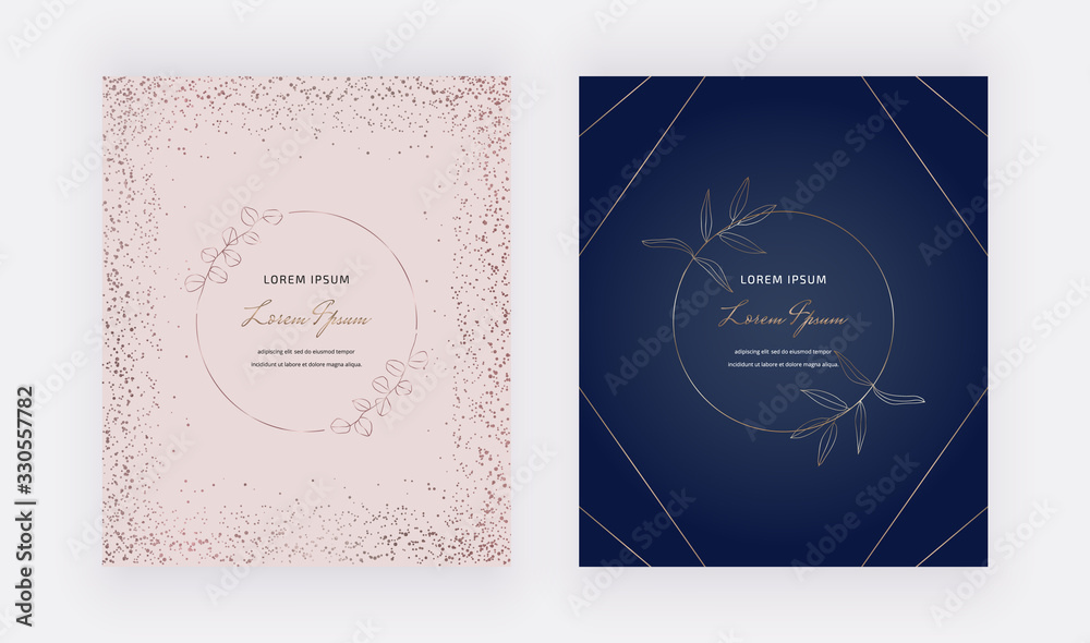 Wall mural Pink and navy blue cover with rose gold confetti and round line leaves frames. Modern vector design for wedding invitation, greeting, banner, flyer, poster, save the date