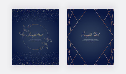 Gold confetti on the dark blue background with polygonal lines frame. Modern vector design for wedding invitation, greeting, banner, flyer, poster, save the date