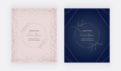 Pink and navy blue cover with rose gold confetti and round line leaves frames. Modern vector design for wedding invitation, greeting, banner, flyer, poster, save the date